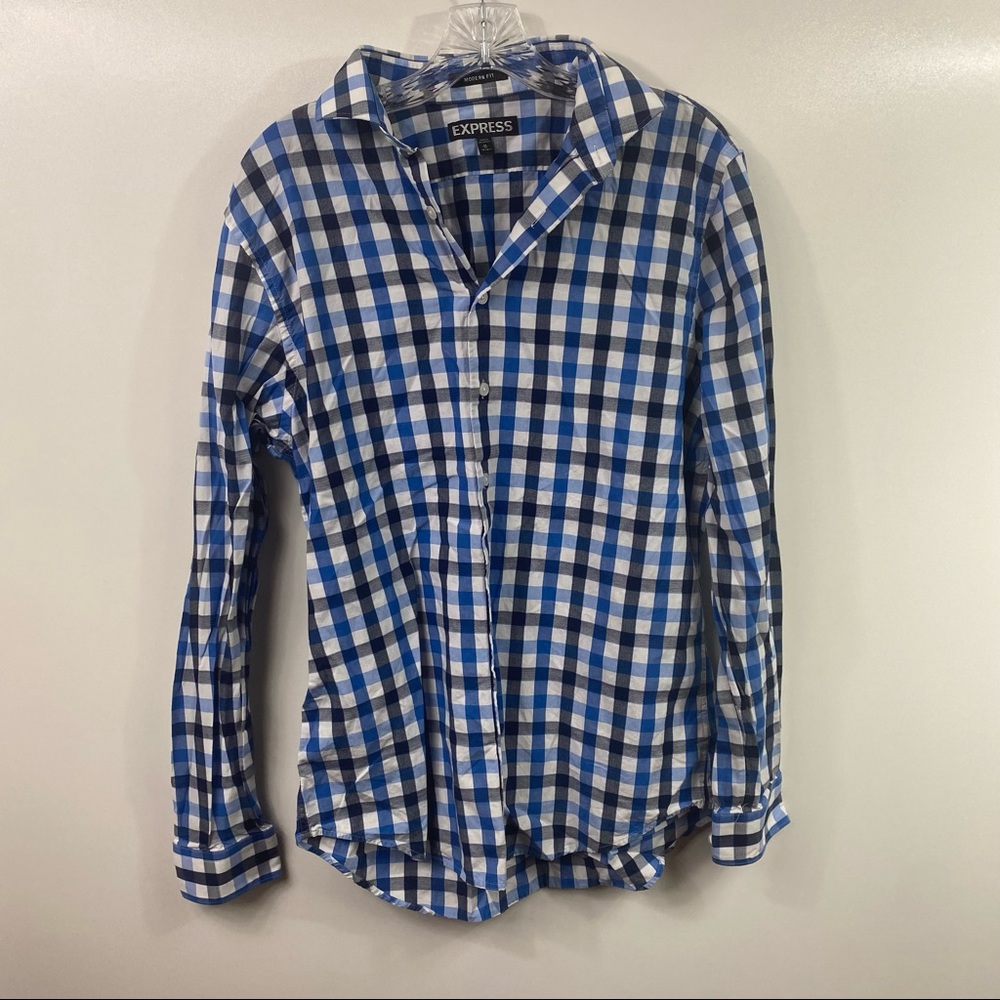 Men’s Express Modern Fit Button Down Long Sleeved Blue Plaid Shirt Size Medium